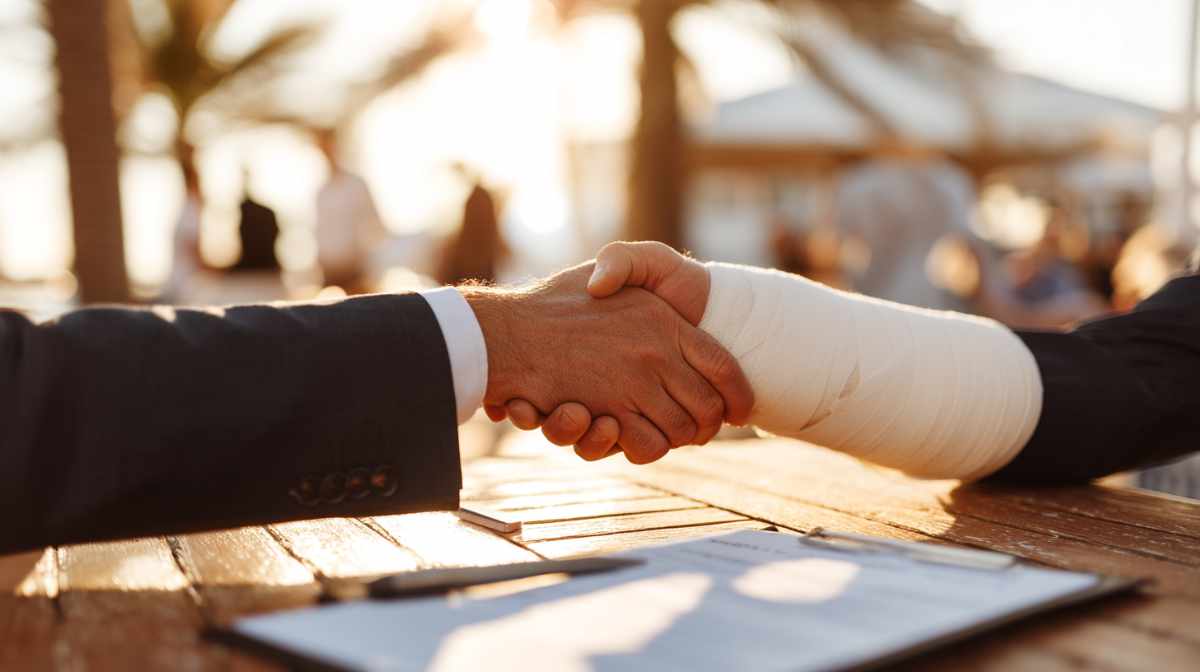 Attorney and injured client with an arm in a sling shaking hands near the Manhattan Beach Pier at sunset, with case file and medical bills visible, illustrating what a personal injury claim is